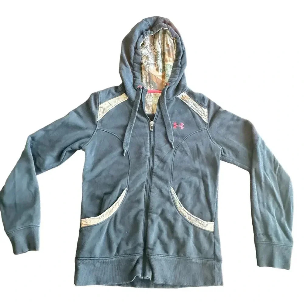 Under Armour Gray Zip Front Hoodie Jacket Sweatshirt Camo Hot Pink Trim Womens M